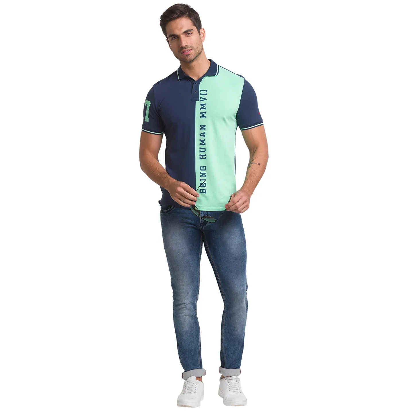 Ocean Blue Slim Fit Men's Polo T-shirt by Being Human Clothing - Image 3