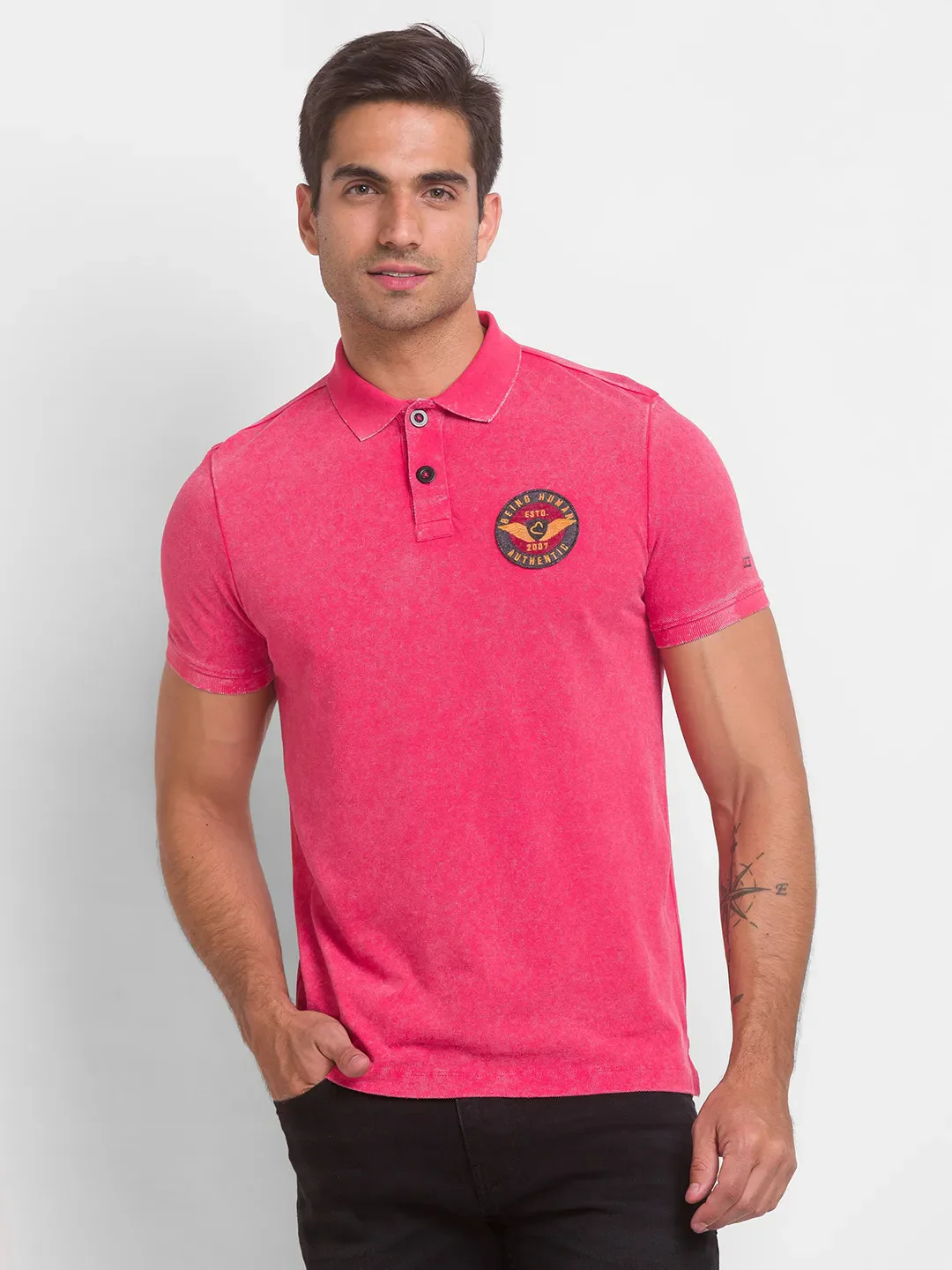 Red Slim Straight Fit Men's Polo T-Shirt by Being Human Clothing