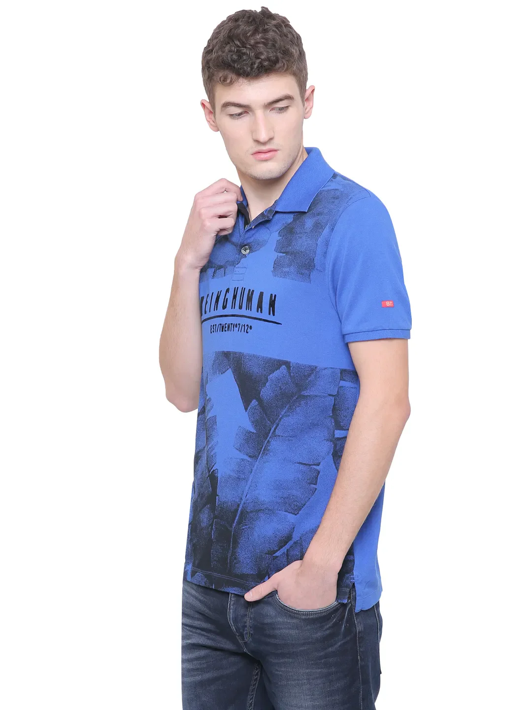 Blue Slim Straight Fit Men's Polo T-Shirt by Being Human Clothing - Image 3
