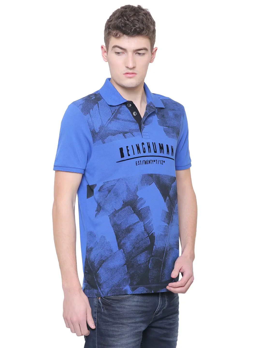 Blue Slim Straight Fit Men's Polo T-Shirt by Being Human Clothing - Image 4