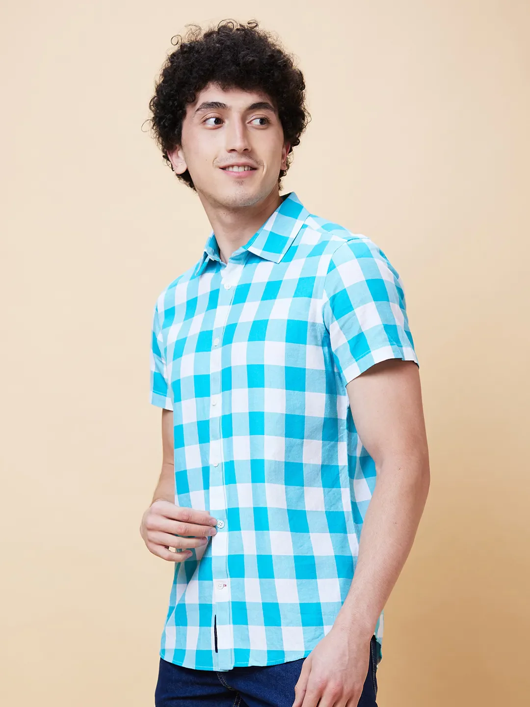 Blue Slim Straight Fit Regular Collar Short Sleeves Men's Shirt by Being Human Clothing - Image 3