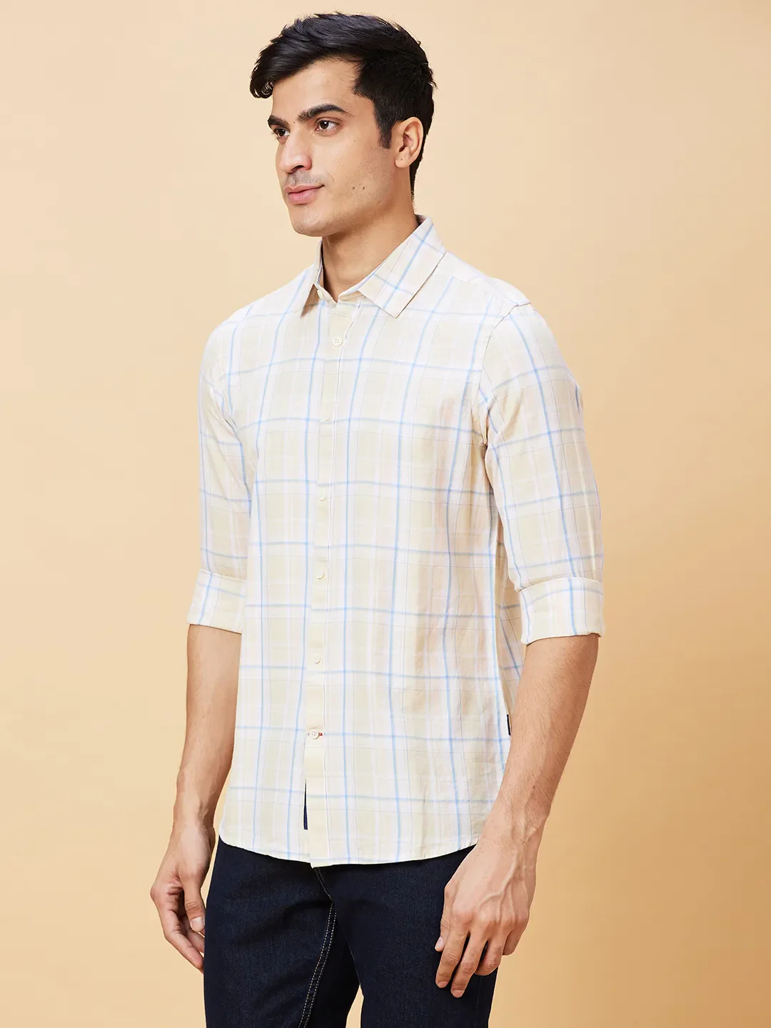 Beige Slim Straight Fit Regular Collar Long Sleeves Men's Shirt by Being Human Clothing - Image 3