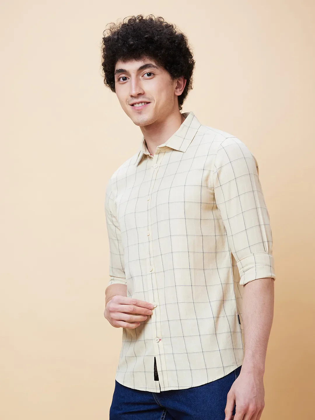 Beige Slim Straight Fit Regular Collar Long Sleeves Men's Shirt by Being Human Clothing - Image 2
