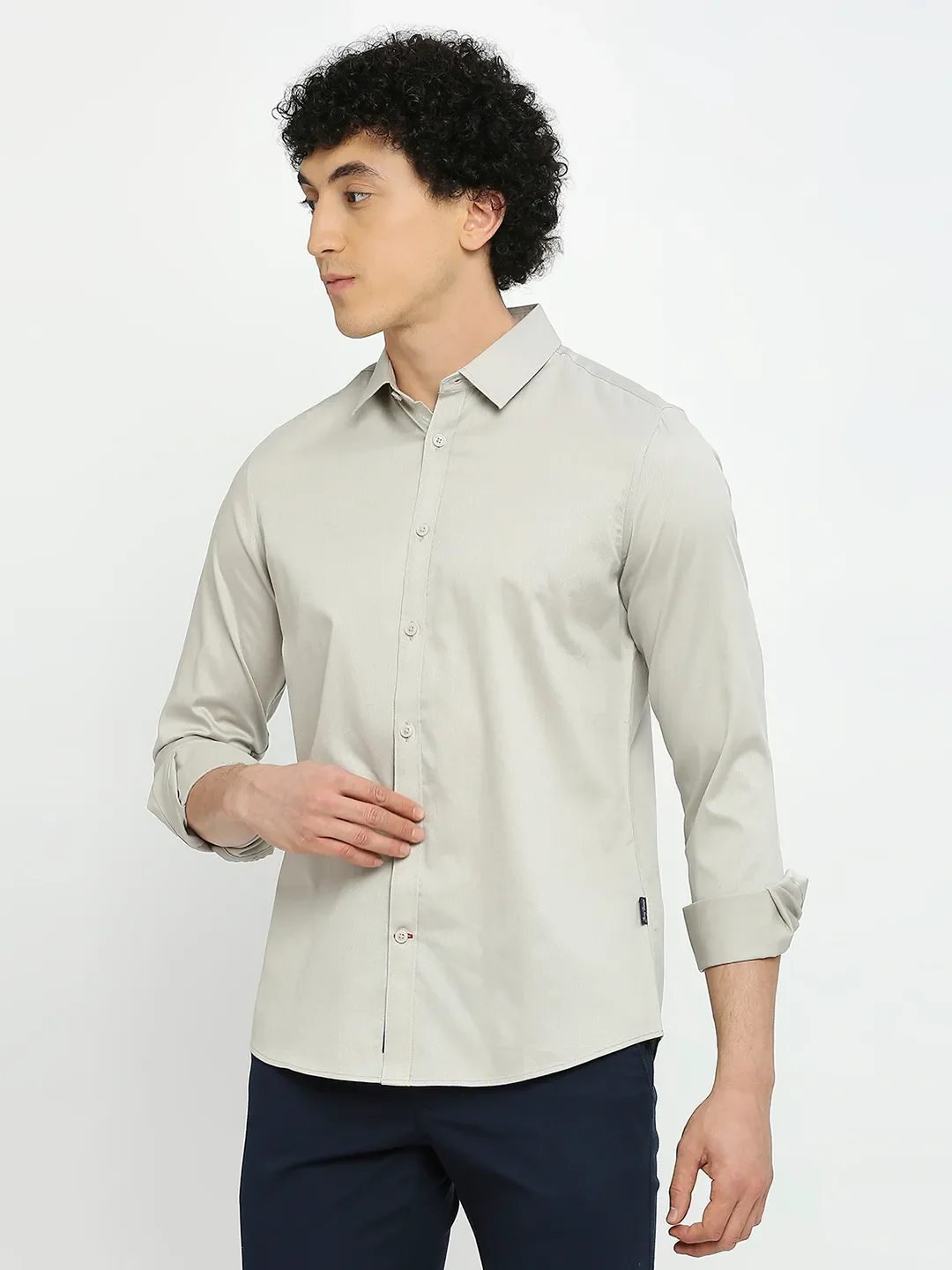 Beige Slim Straight Fit Regular Collar Long Sleeves Men's Shirt by Being Human Clothing - Image 2