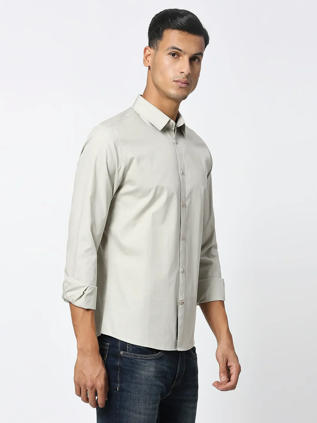 Beige Slim Straight Fit Regular Collar Long Sleeves Men's Shirt by Being Human Clothing - Image 3