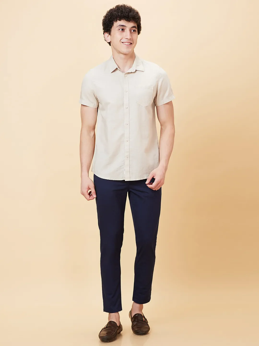 Beige Slim Straight Fit Regular Collar Short Sleeves Men's Shirt by Being Human Clothing - Image 2