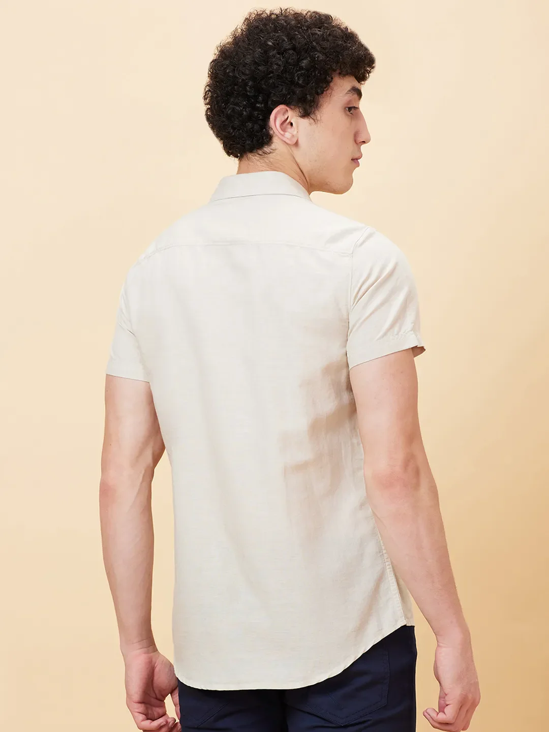 Beige Slim Straight Fit Regular Collar Short Sleeves Men's Shirt by Being Human Clothing - Image 3