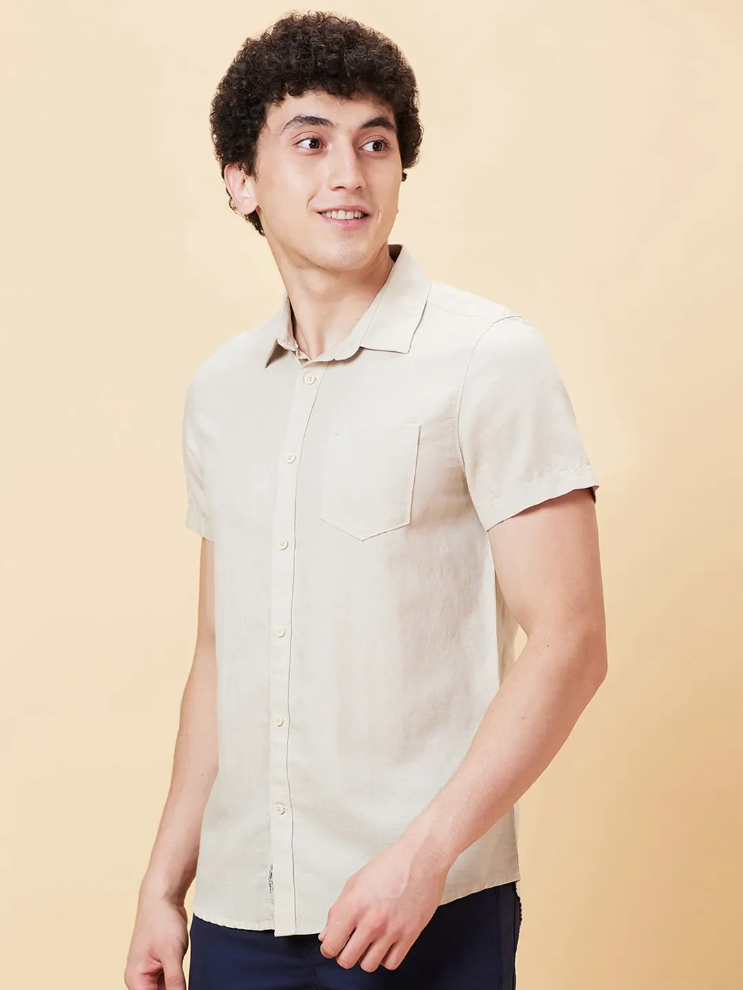 Beige Slim Straight Fit Regular Collar Short Sleeves Men's Shirt by Being Human Clothing - Image 4