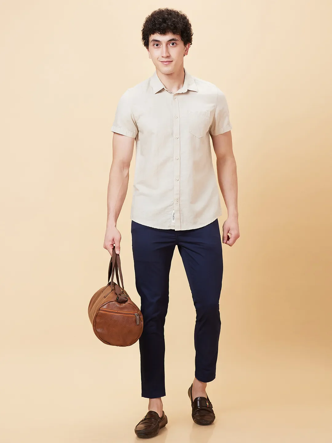 Beige Slim Straight Fit Regular Collar Short Sleeves Men's Shirt by Being Human Clothing - Image 6