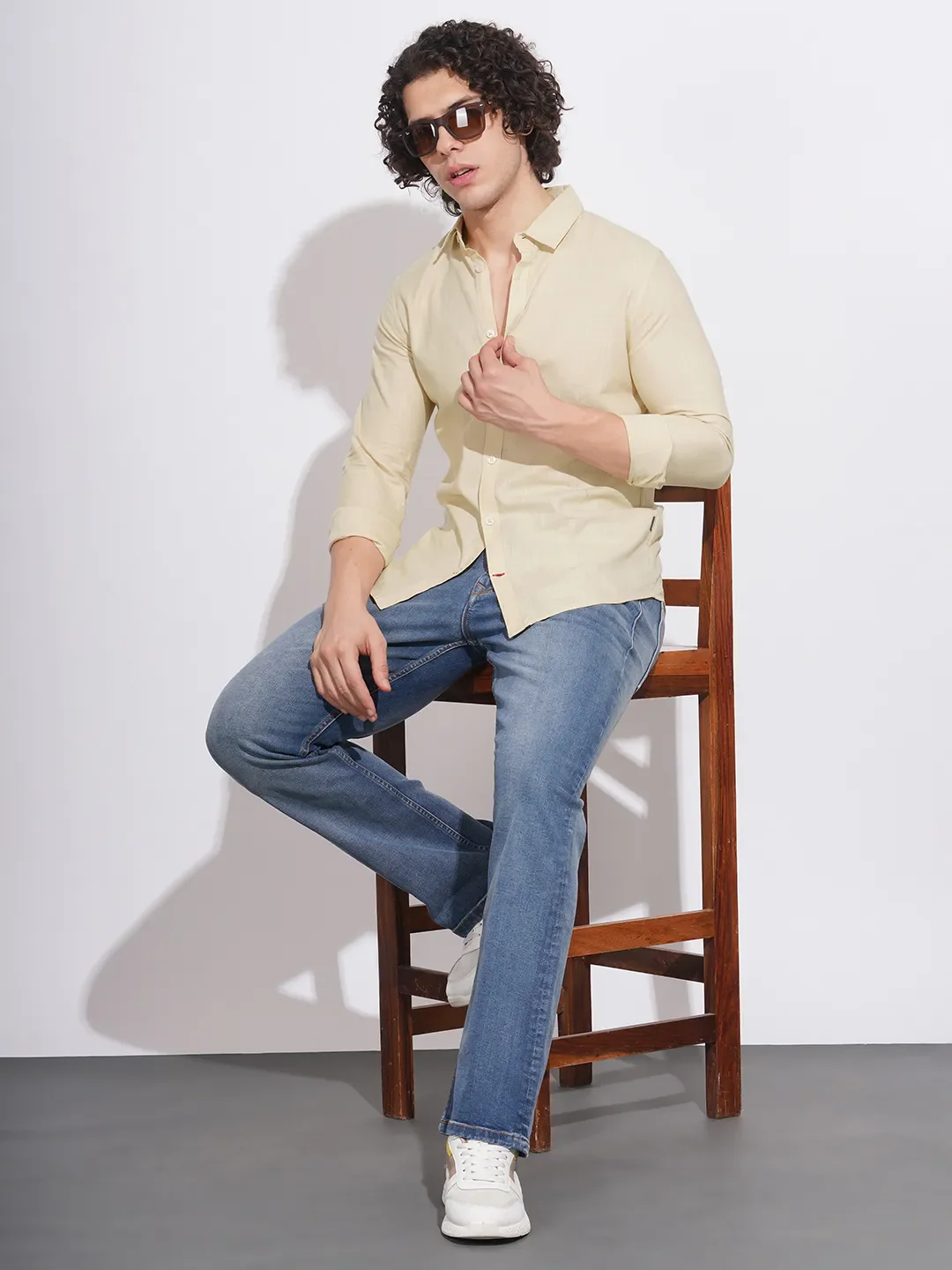 Beige Slim Fit Regular Collar Men's Shirt by Being Human Clothing - Image 4