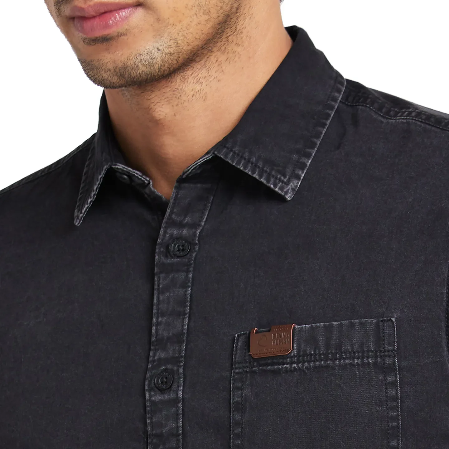 Black Slim Straight Fit Regular Collar Long Sleeves Men's Shirt by Being Human Clothing - Image 5