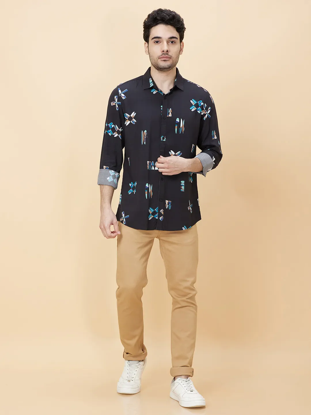 Black Slim Straight Fit Regular Collar Long Sleeves Men's Shirt by Being Human Clothing - Image 2