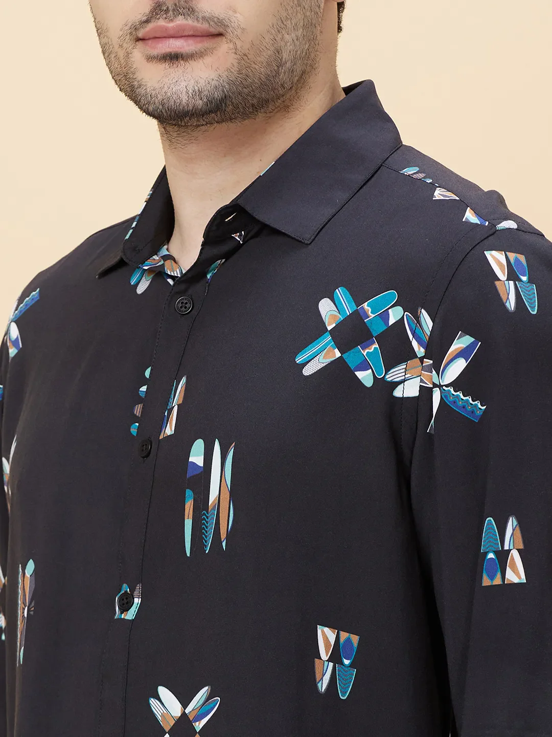 Black Slim Straight Fit Regular Collar Long Sleeves Men's Shirt by Being Human Clothing - Image 5