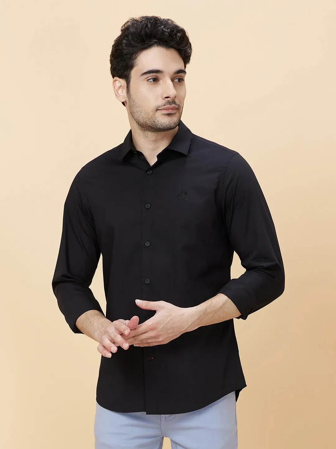 Black Slim Fit Regular Collar Men's Shirt by Being Human Clothing