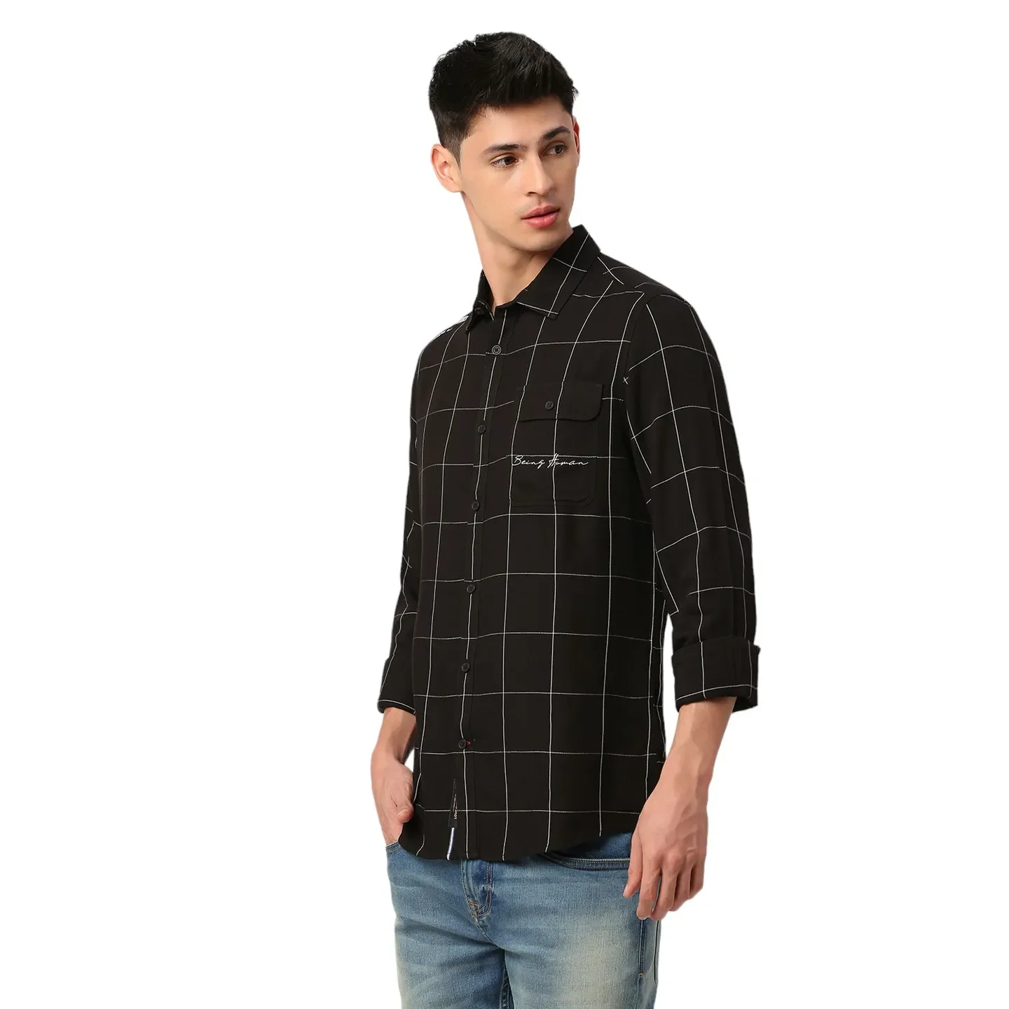 Black Slim Straight Fit Regular Collar Long Sleeves Men's Shirt by Being Human Clothing - Image 2