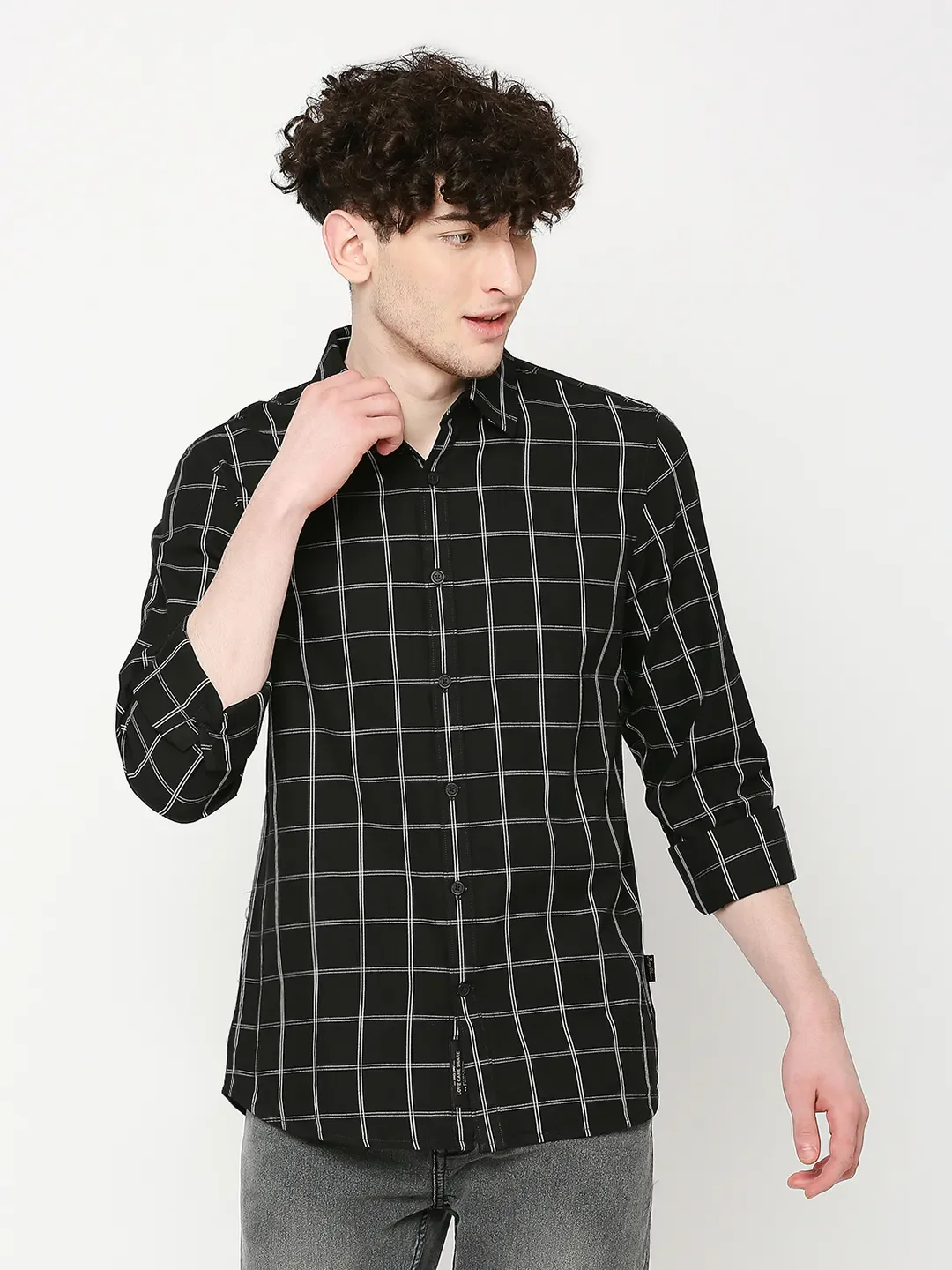 Black Slim Straight Fit Regular Collar Long Sleeves Men's Shirt by Being Human Clothing
