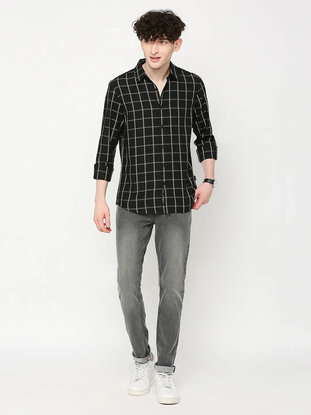 Black Slim Straight Fit Regular Collar Long Sleeves Men's Shirt by Being Human Clothing - Image 6