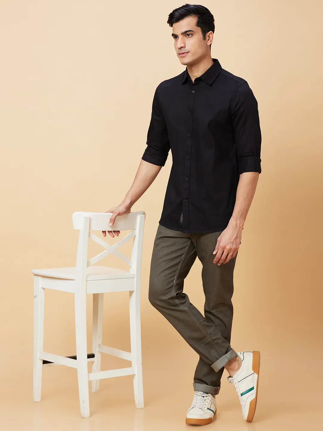 Black Slim Straight Fit Regular Collar Long Sleeves Men's Shirt by Being Human Clothing - Image 6