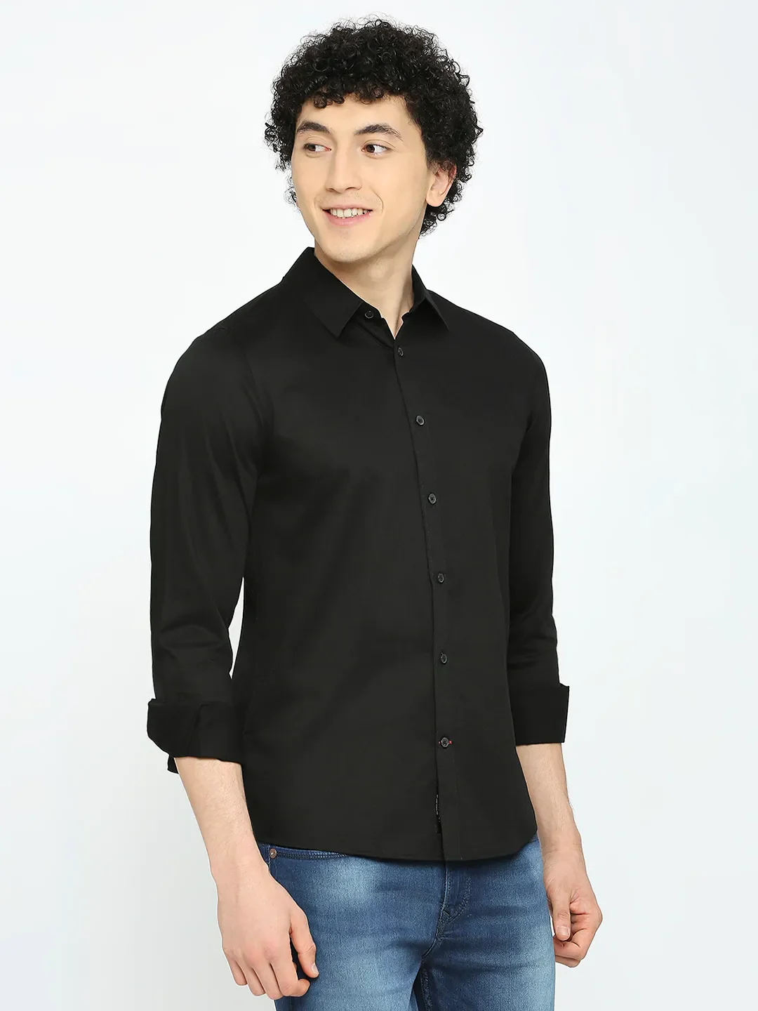 Black Slim Straight Fit Regular Collar Long Sleeves Men's Shirt by Being Human Clothing - Image 3