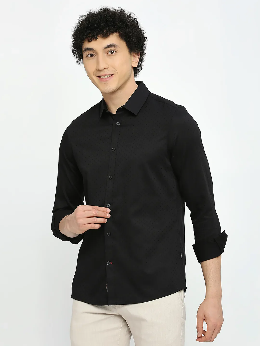 Black Slim Straight Fit Regular Collar Long Sleeves Men's Shirt by Being Human Clothing - Image 2
