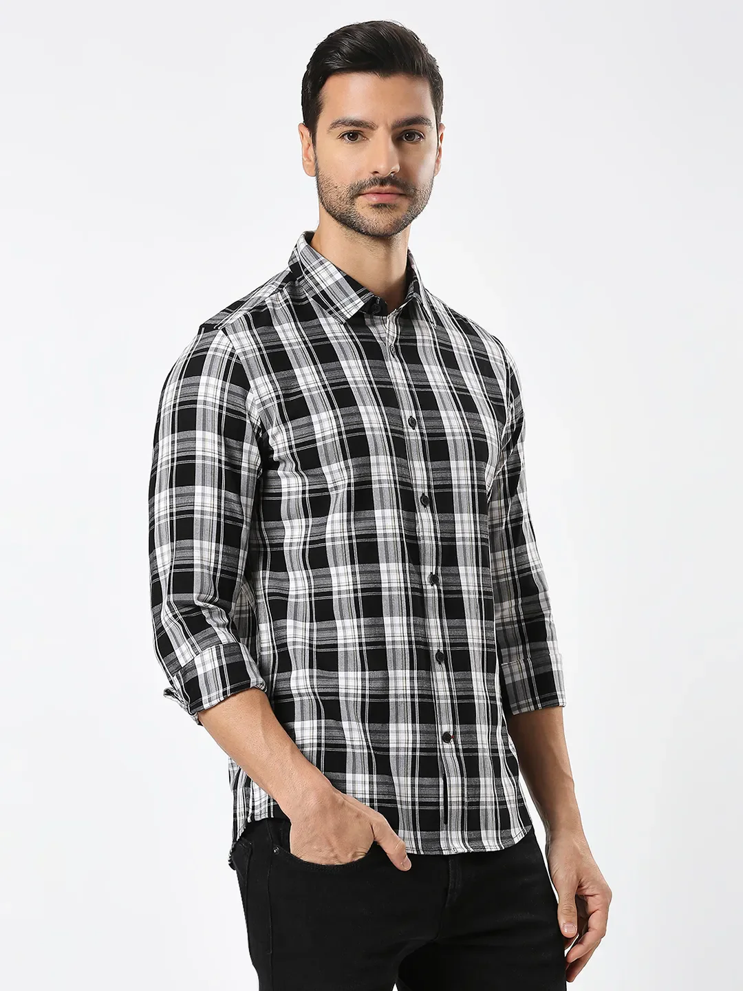 Black Slim Straight Fit Regular Collar Long Sleeves Men's Shirt by Being Human Clothing - Image 3