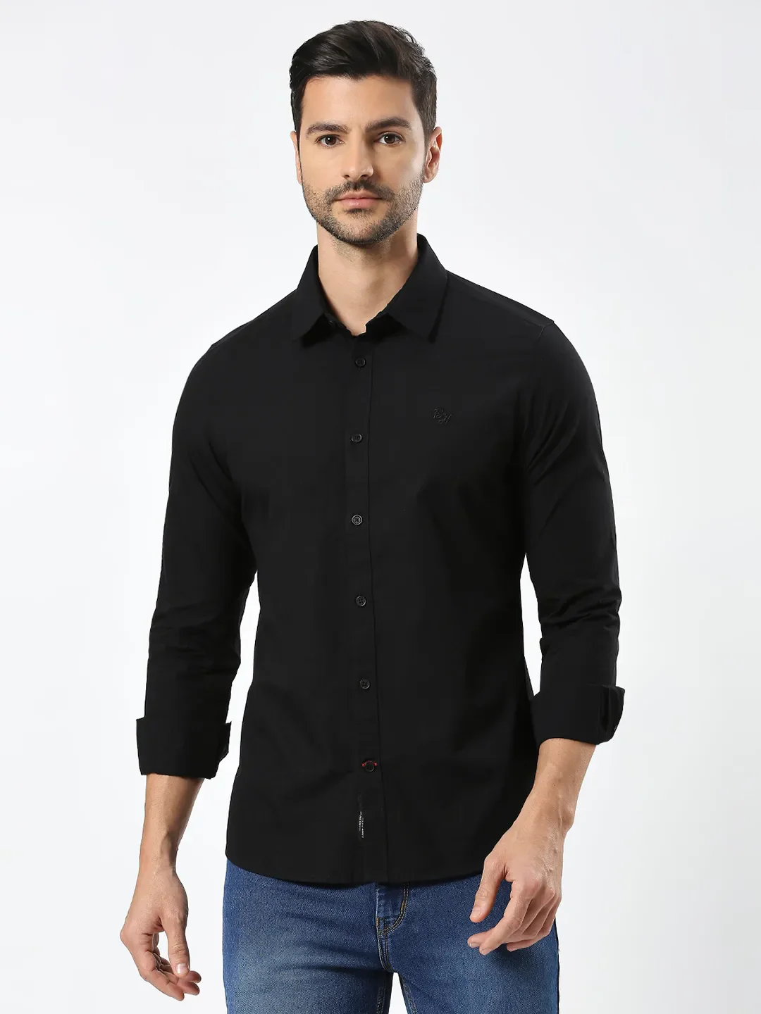 Black Slim Straight Fit Regular Collar Long Sleeves Men's Shirt by Being Human Clothing