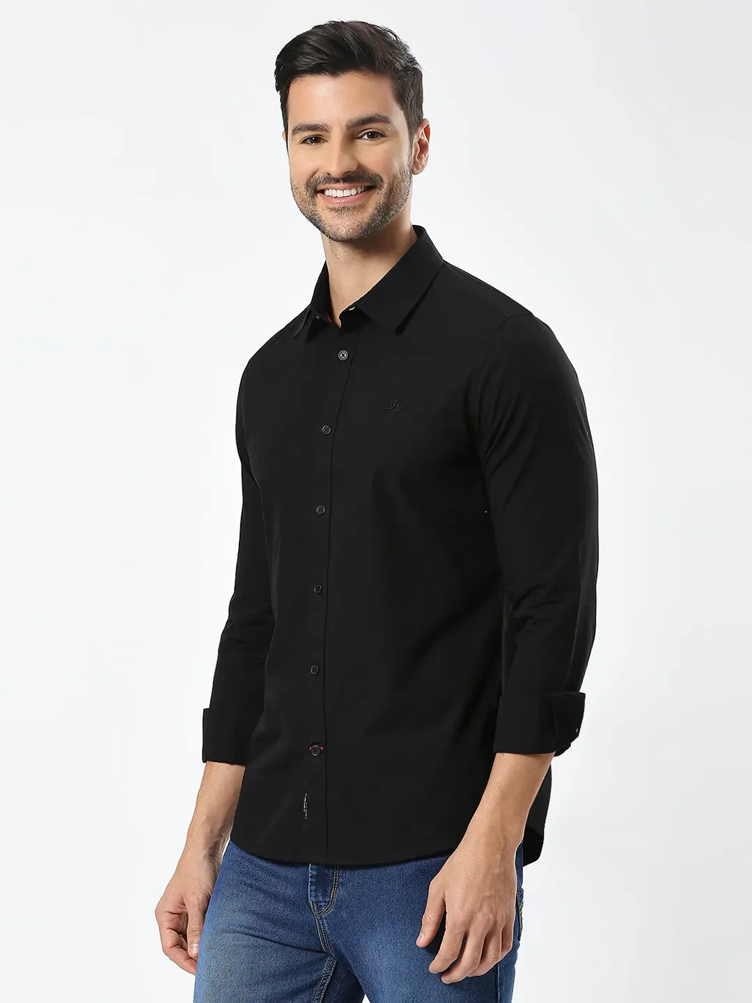 Black Slim Straight Fit Regular Collar Long Sleeves Men's Shirt by Being Human Clothing - Image 2