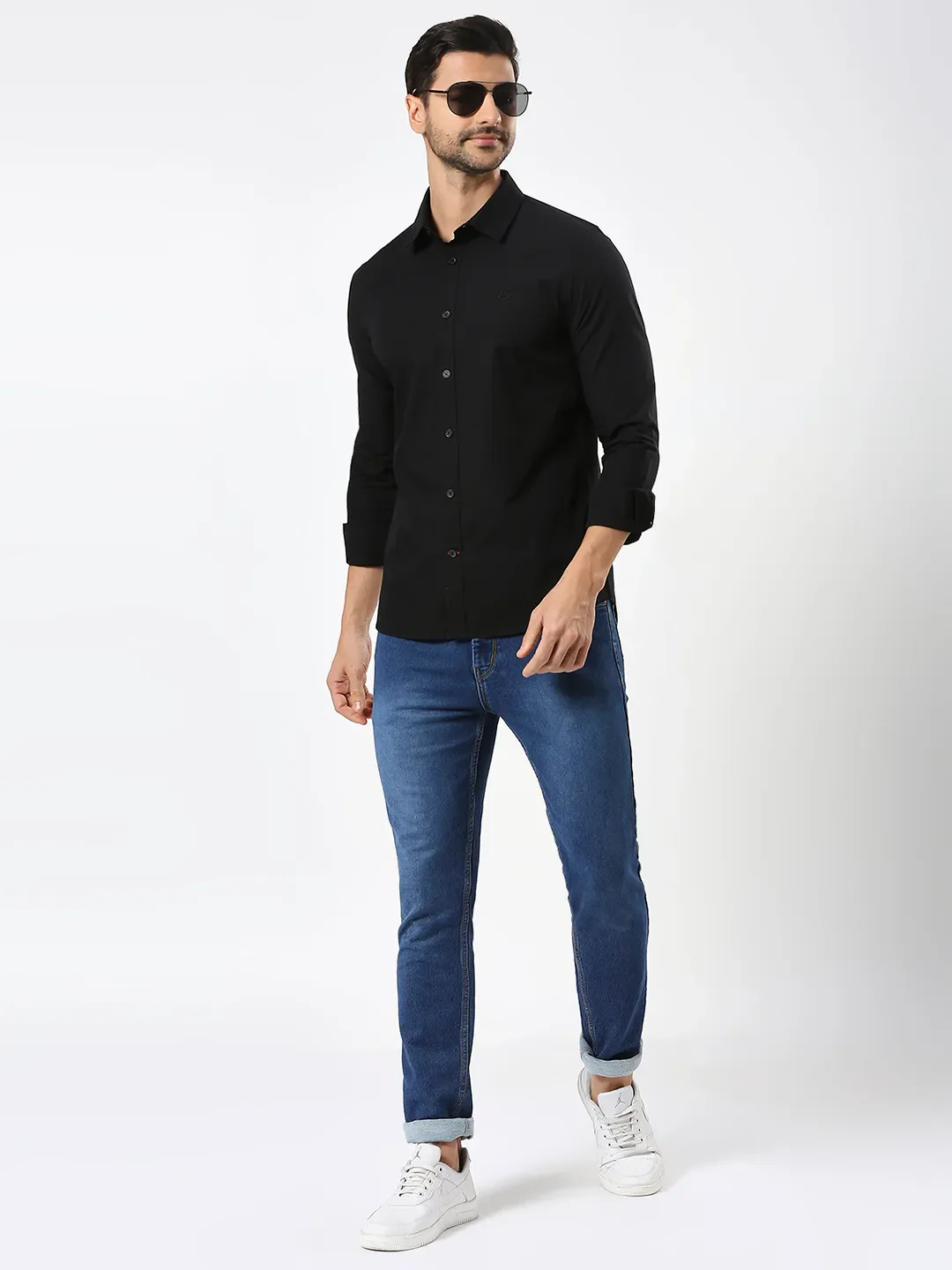 Black Slim Straight Fit Regular Collar Long Sleeves Men's Shirt by Being Human Clothing - Image 6