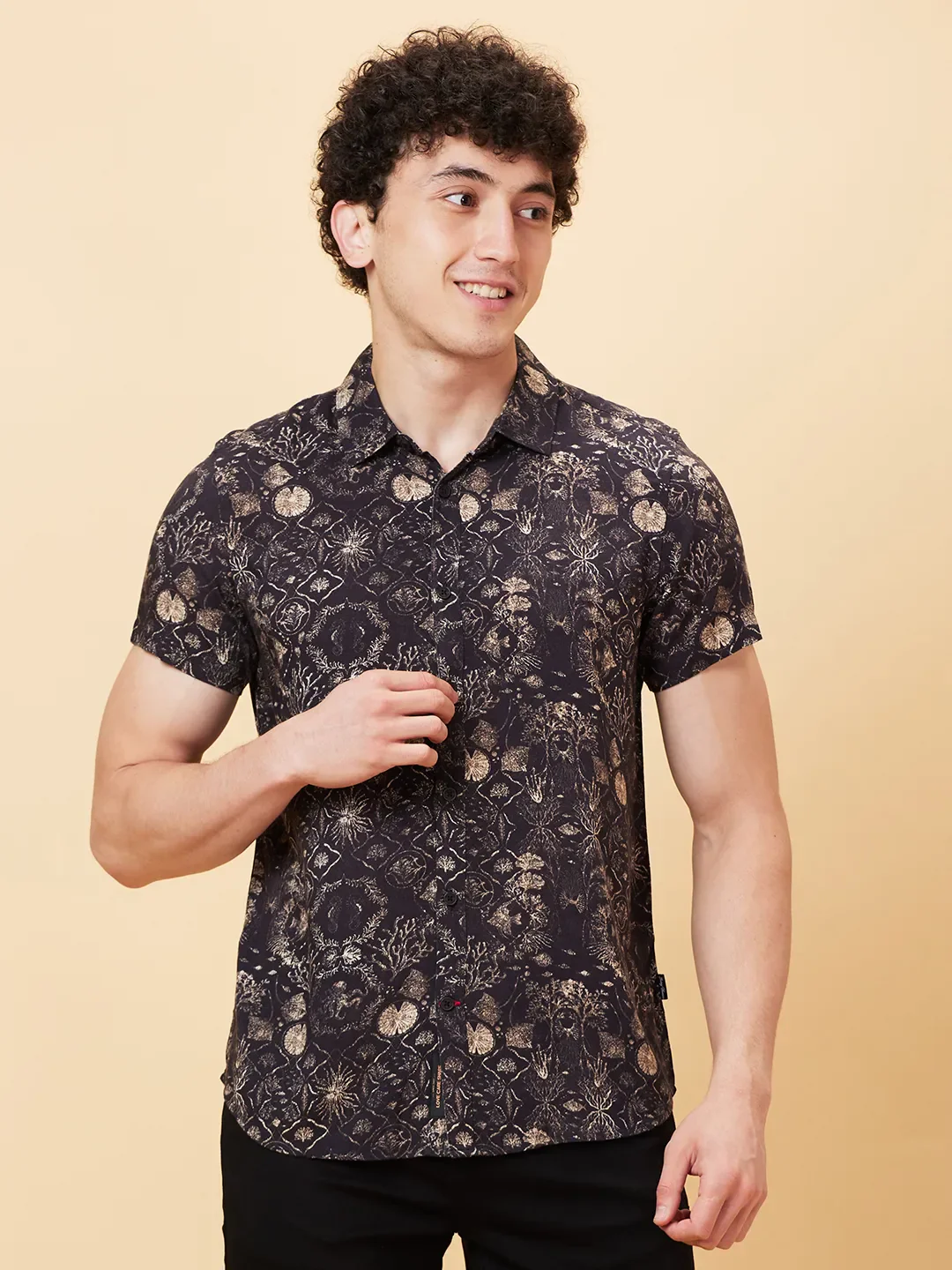 Black Slim Straight Fit Regular Collar Short Sleeves Men's Shirt by Being Human Clothing