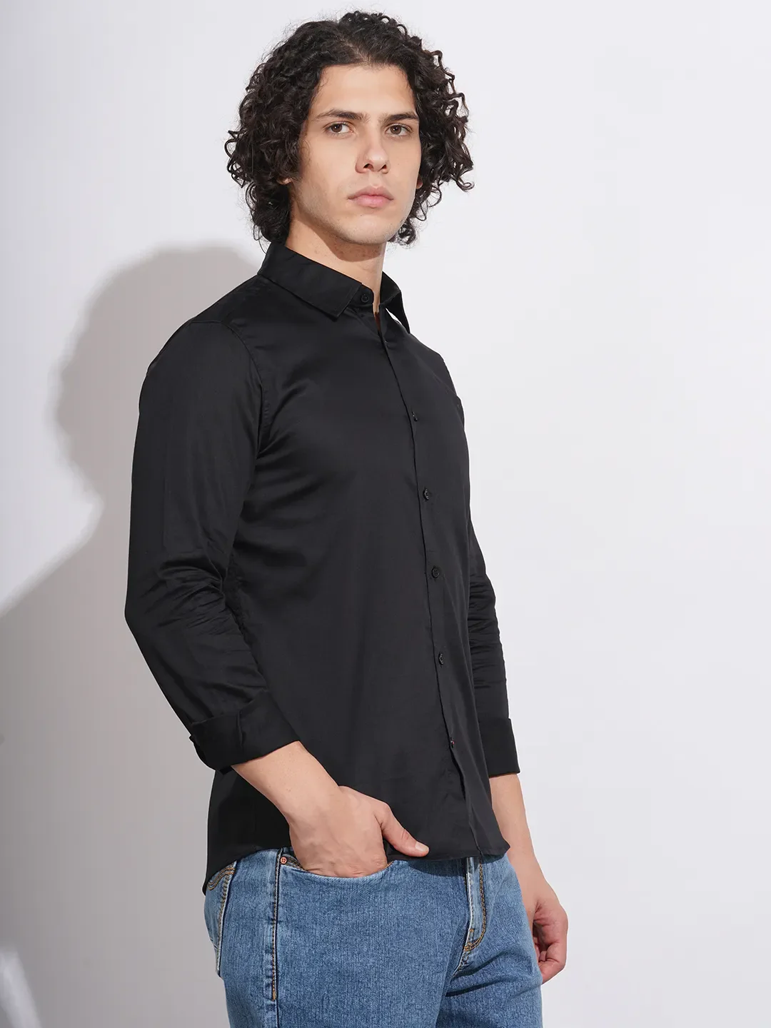 Black Slim Straight Fit Regular Collar Long Sleeves Men's Shirt by Being Human Clothing - Image 2