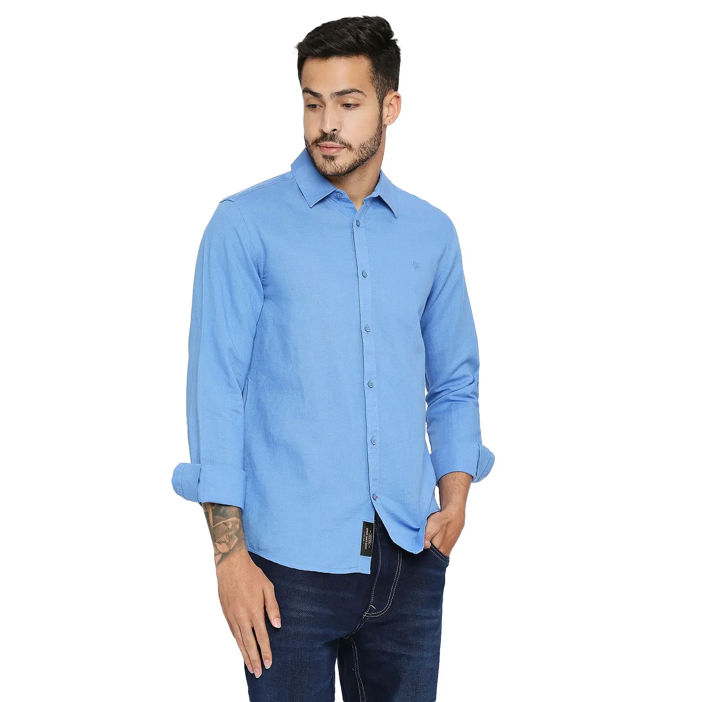 Blue Slim Straight Fit Regular Collar Long Sleeves Men's Shirt by Being Human Clothing - Image 4
