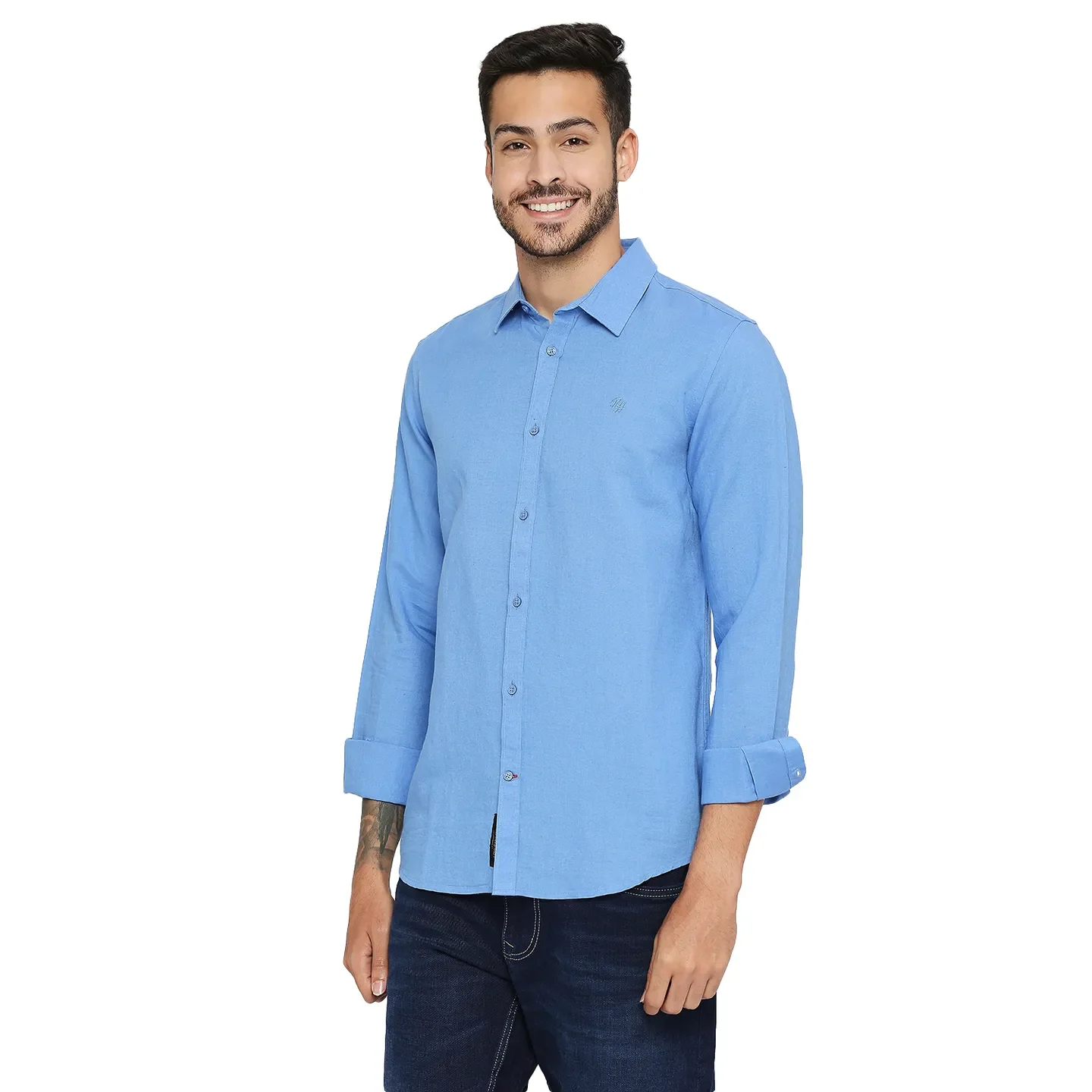 Blue Slim Straight Fit Regular Collar Long Sleeves Men's Shirt by Being Human Clothing - Image 5