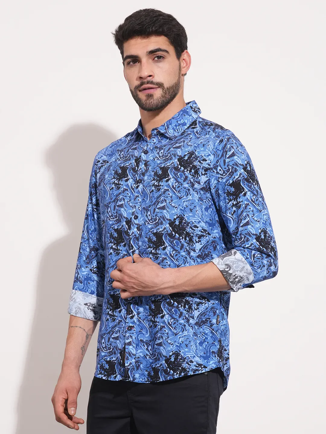 Blue Slim Fit Regular Collar Men's Shirt by Being Human Clothing - Image 4