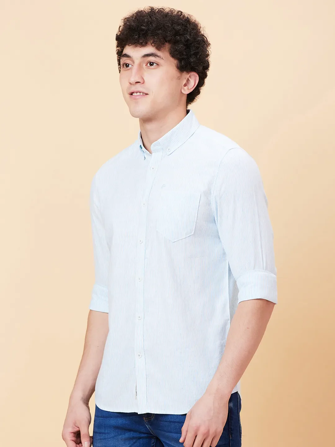 Blue Slim Straight Fit Regular Collar Long Sleeves Men's Shirt by Being Human Clothing - Image 4