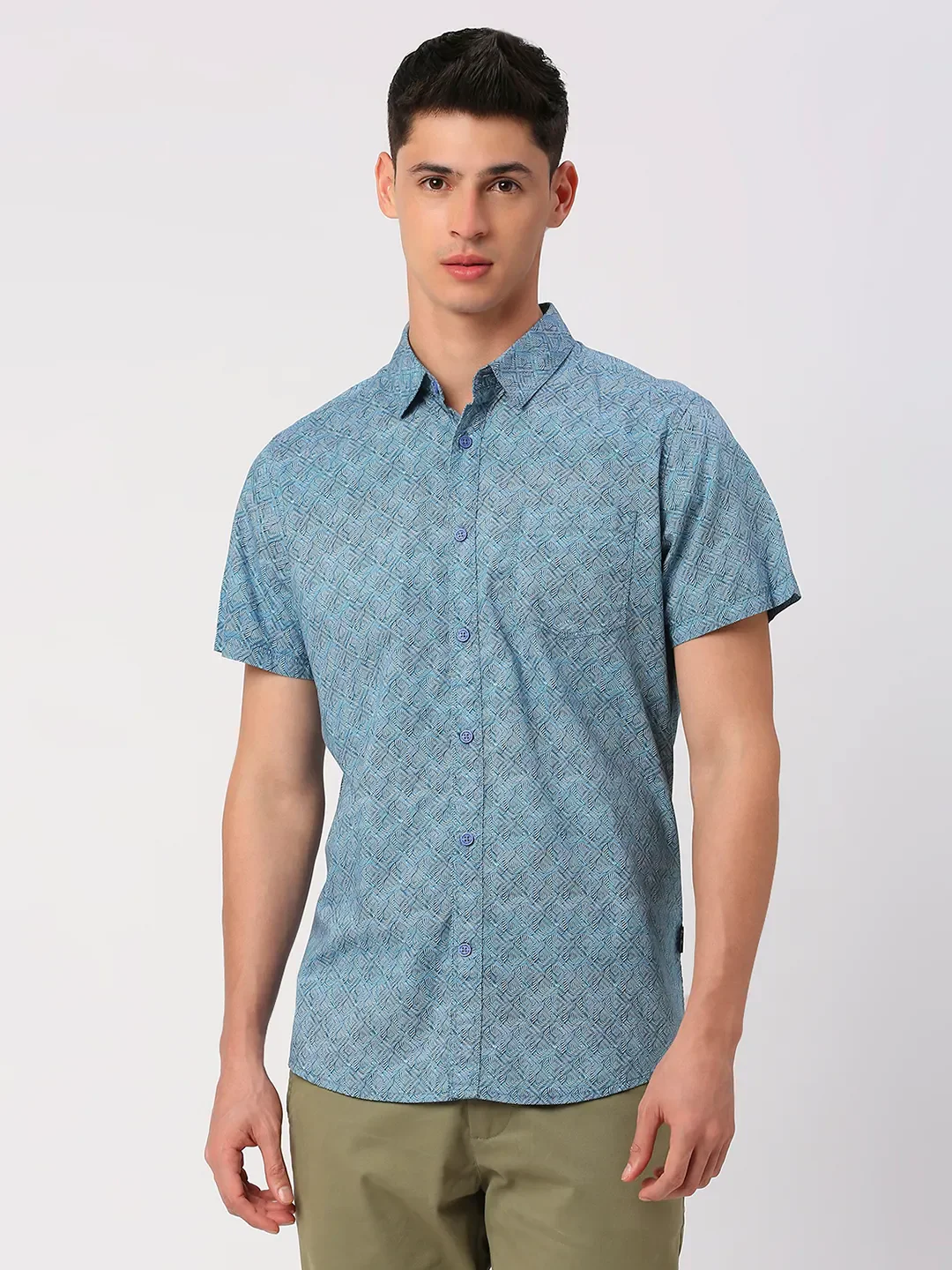 Blue Slim Straight Fit Regular Collar Short Sleeves Men's Shirt by Being Human Clothing
