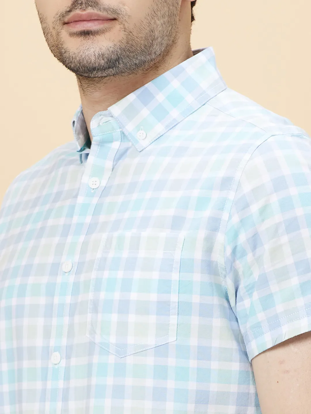 Blue Slim Straight Fit Regular Collar Short Sleeves Men's Shirt by Being Human Clothing - Image 5