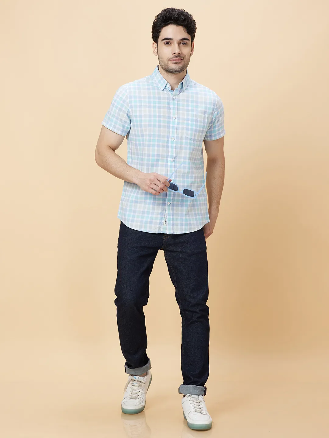 Blue Slim Straight Fit Regular Collar Short Sleeves Men's Shirt by Being Human Clothing - Image 6