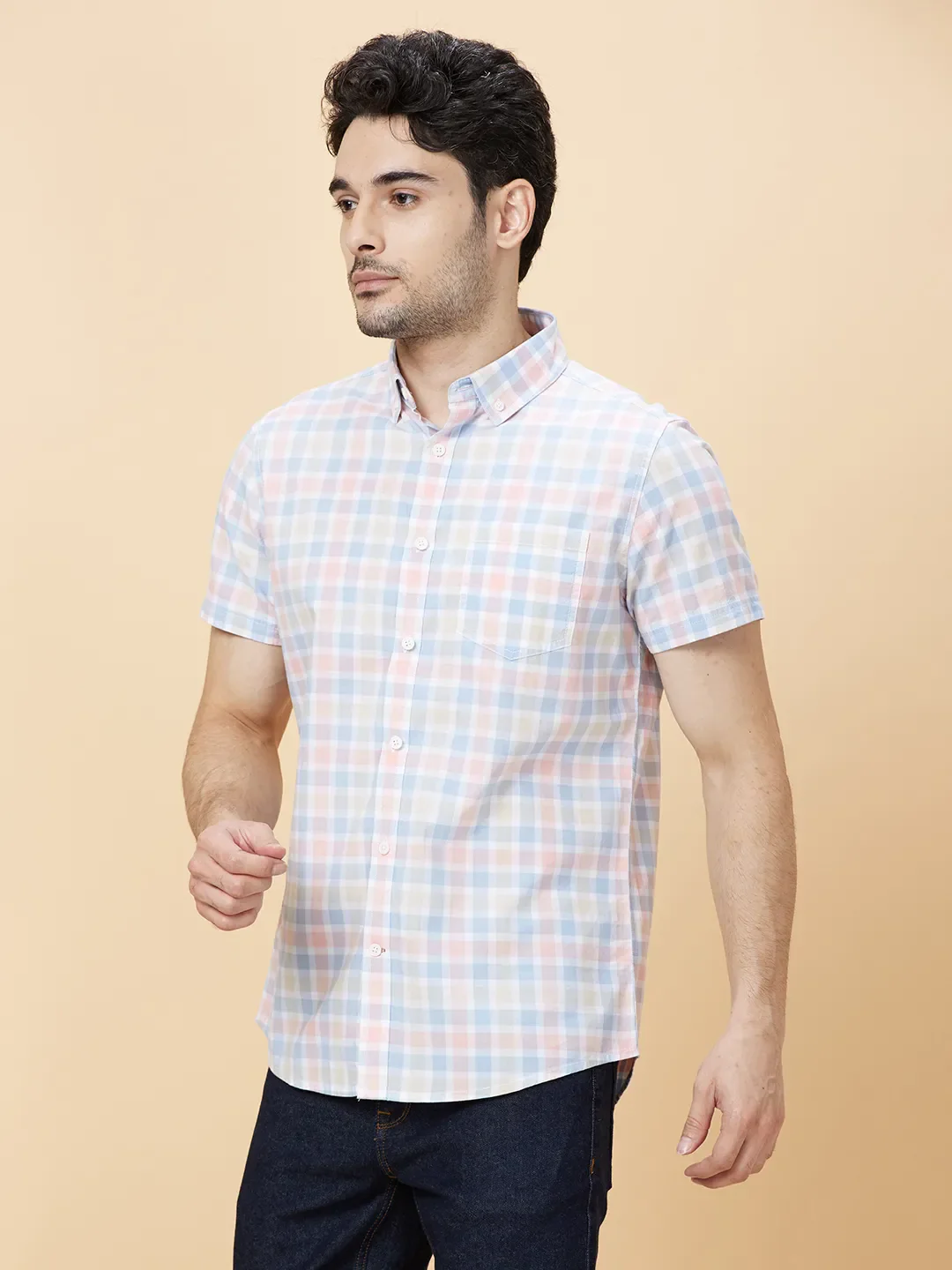 Blue Slim Straight Fit Regular Collar Short Sleeves Men's Shirt by Being Human Clothing - Image 3