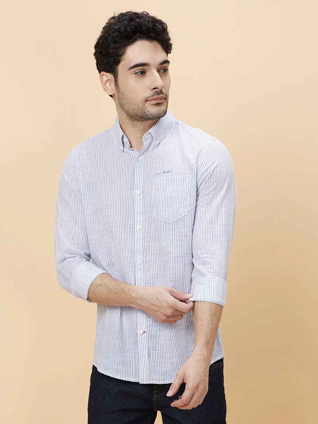 Blue Slim Straight Fit Regular Collar Long Sleeves Men's Shirt by Being Human Clothing