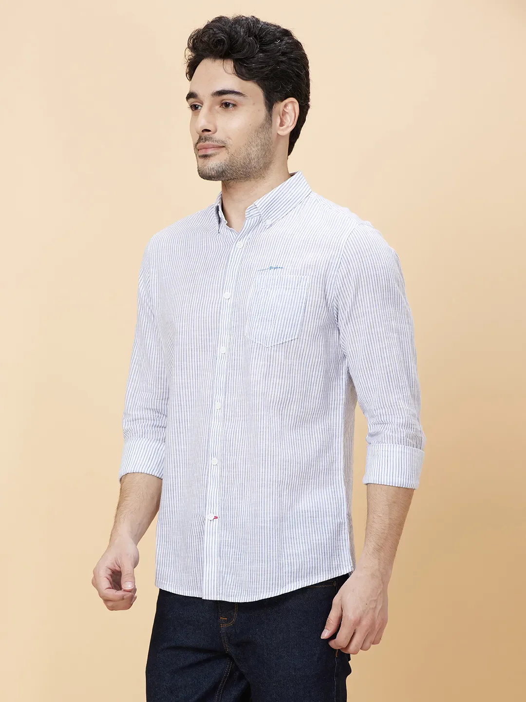 Blue Slim Straight Fit Regular Collar Long Sleeves Men's Shirt by Being Human Clothing - Image 3