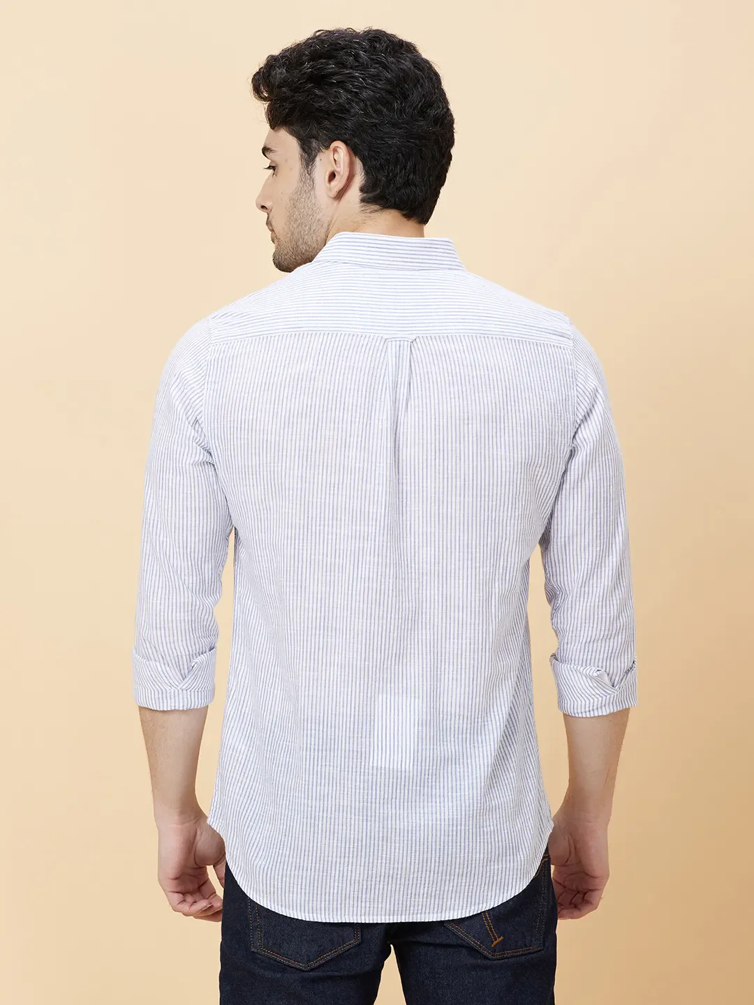 Blue Slim Straight Fit Regular Collar Long Sleeves Men's Shirt by Being Human Clothing - Image 4