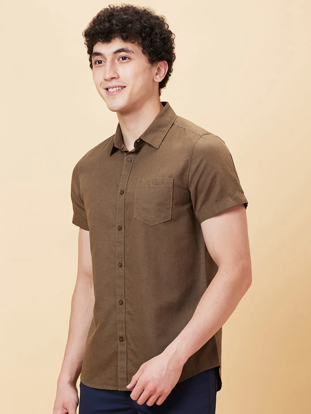Brown Slim Straight Fit Regular Collar Short Sleeves Men's Shirt by Being Human Clothing - Image 3