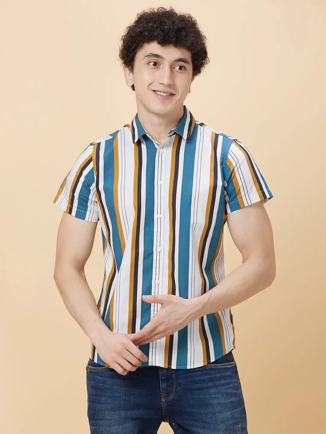 Off White Slim Fit Regular Collar Men's Shirt by Being Human Clothing