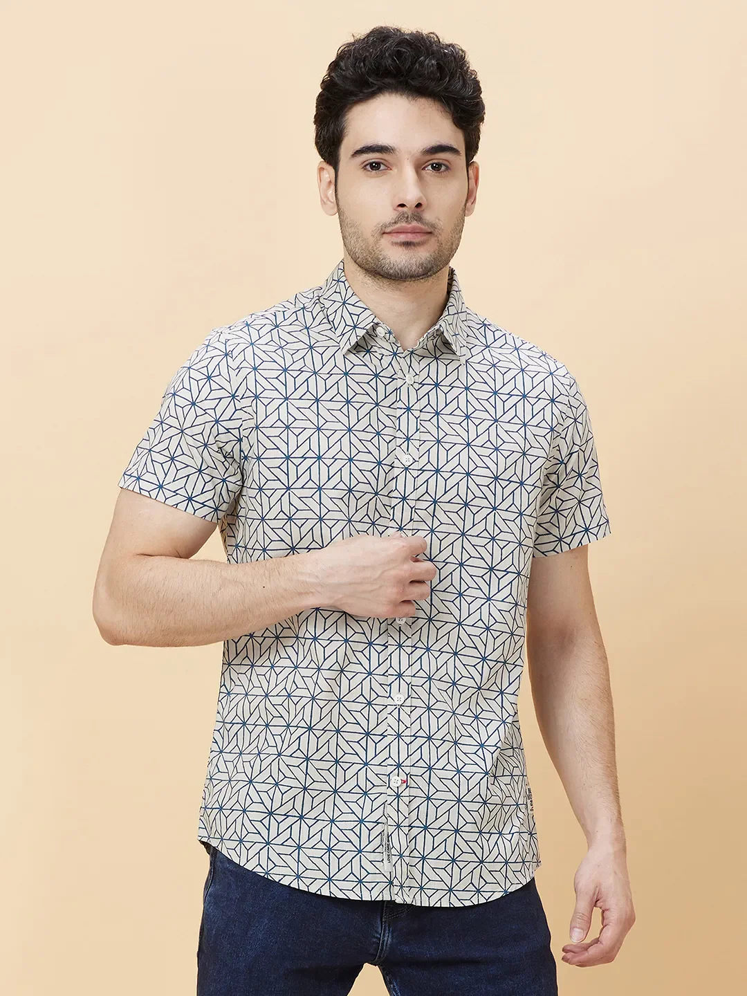 Beige Slim Straight Fit Regular Collar Short Sleeves Men's Shirt by Being Human Clothing
