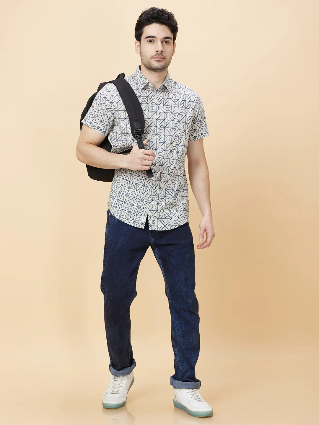 Beige Slim Straight Fit Regular Collar Short Sleeves Men's Shirt by Being Human Clothing - Image 6