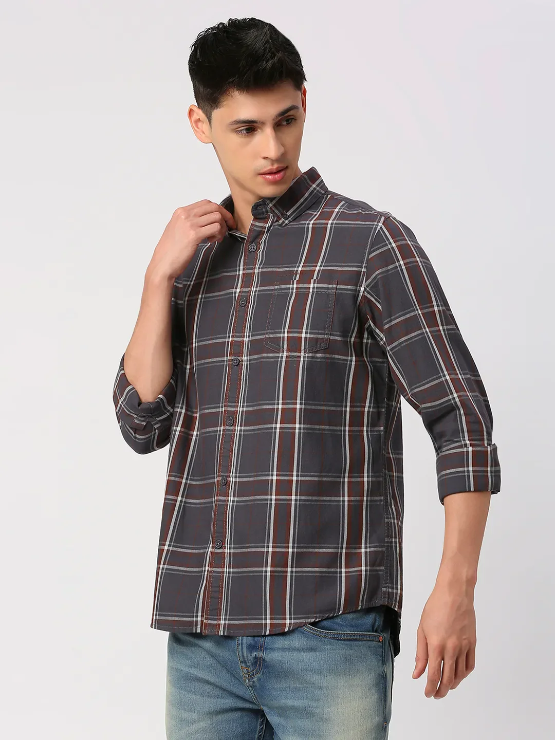 Grey Slim Fit Regular Collar Men's Shirt by Being Human Clothing - Image 2