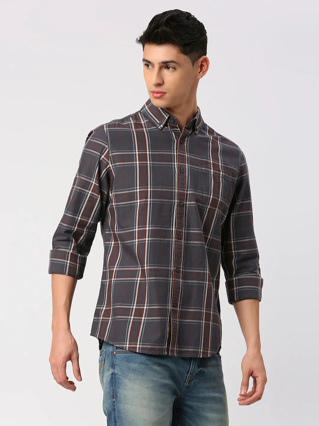Grey Slim Fit Regular Collar Men's Shirt by Being Human Clothing - Image 3