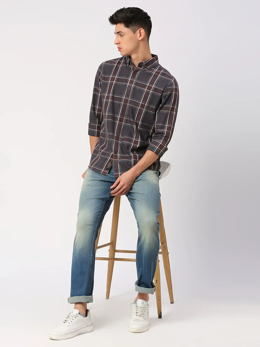 Grey Slim Fit Regular Collar Men's Shirt by Being Human Clothing - Image 6