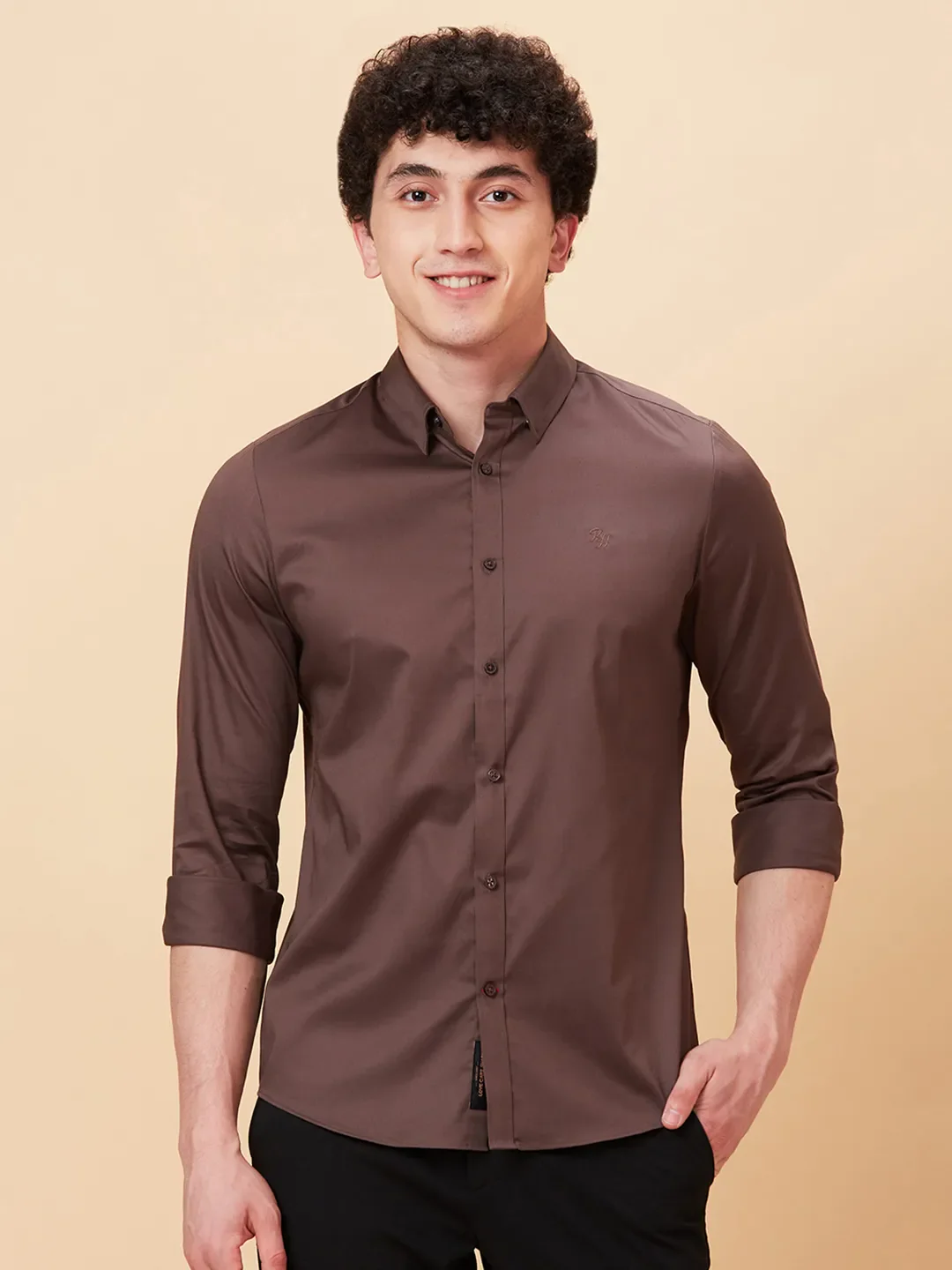 Brown Slim Straight Fit Regular Collar Long Sleeves Men's Shirt by Being Human Clothing