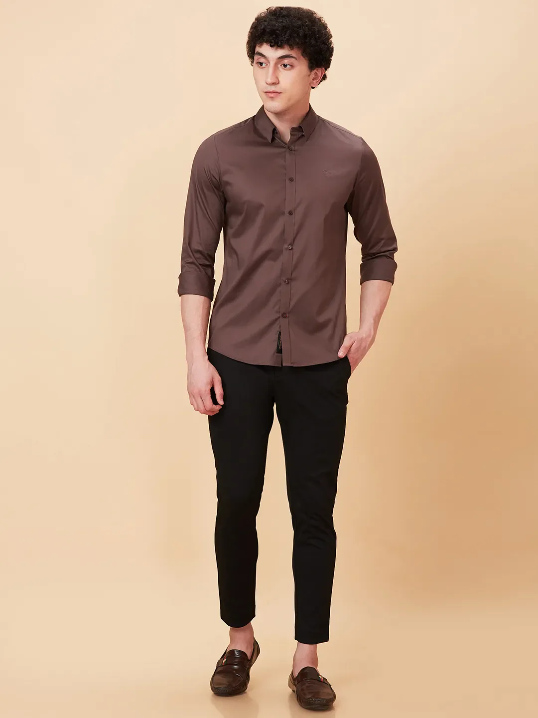 Brown Slim Straight Fit Regular Collar Long Sleeves Men's Shirt by Being Human Clothing - Image 2